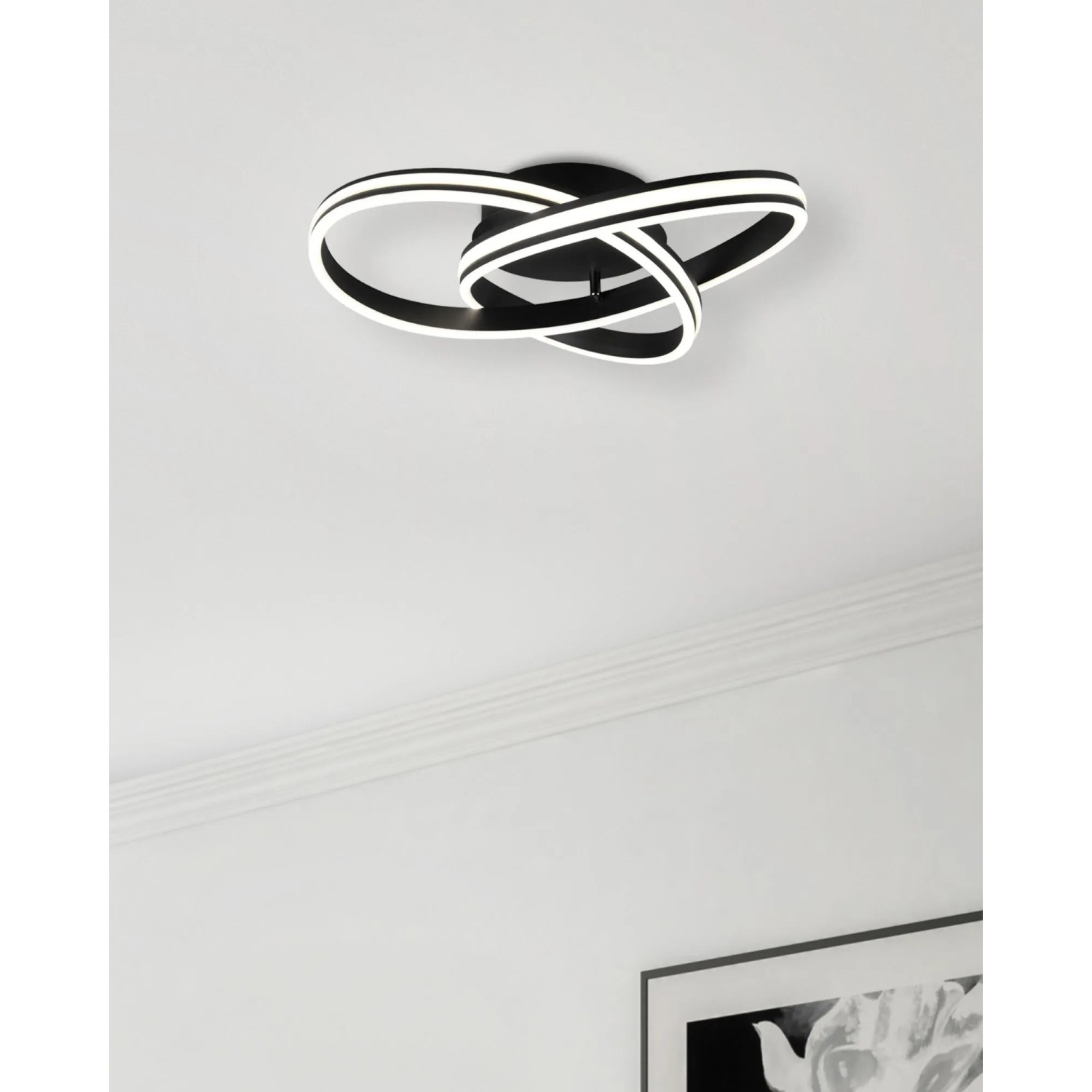 Moderne Trio LED-Deckenleuchte Nuria, schwarz matt, mit geschwungenen LED-Ringen.
