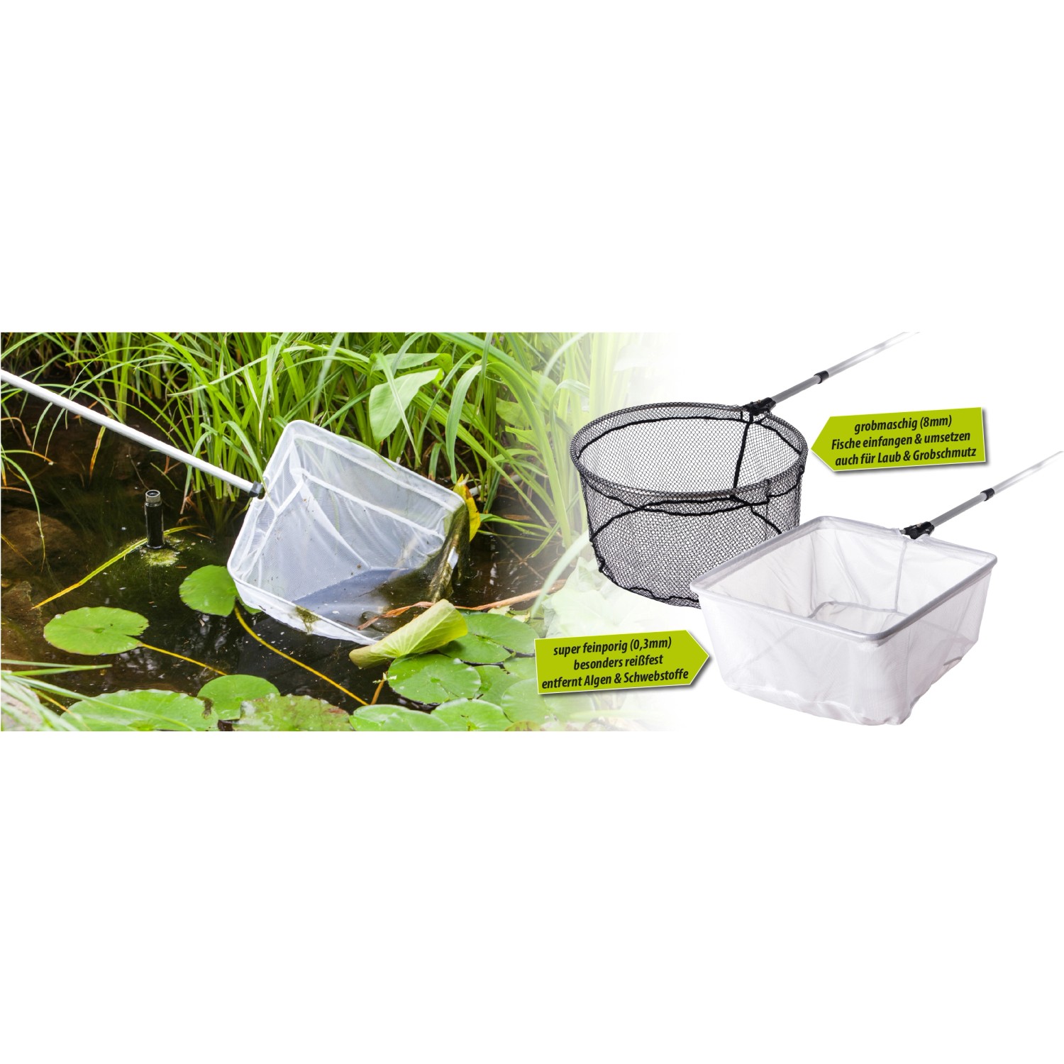 Heissner Teichkescher Pond Net 35 cm: Drei Kescher-Modelle für Teichreinigung und Fischfang.