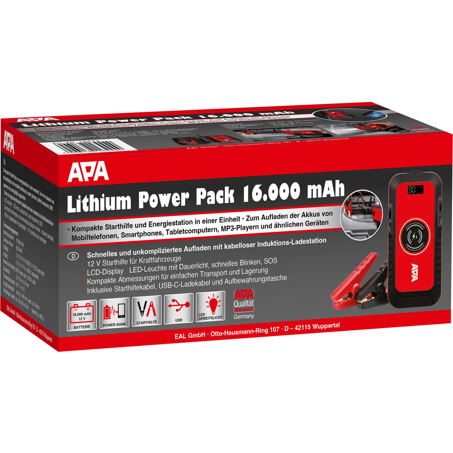 Apa Schnellstartsystem Lithium Powerpack 16.000 mAh in Rot, mit Starthilfekabel und USB-C Ladekabel.