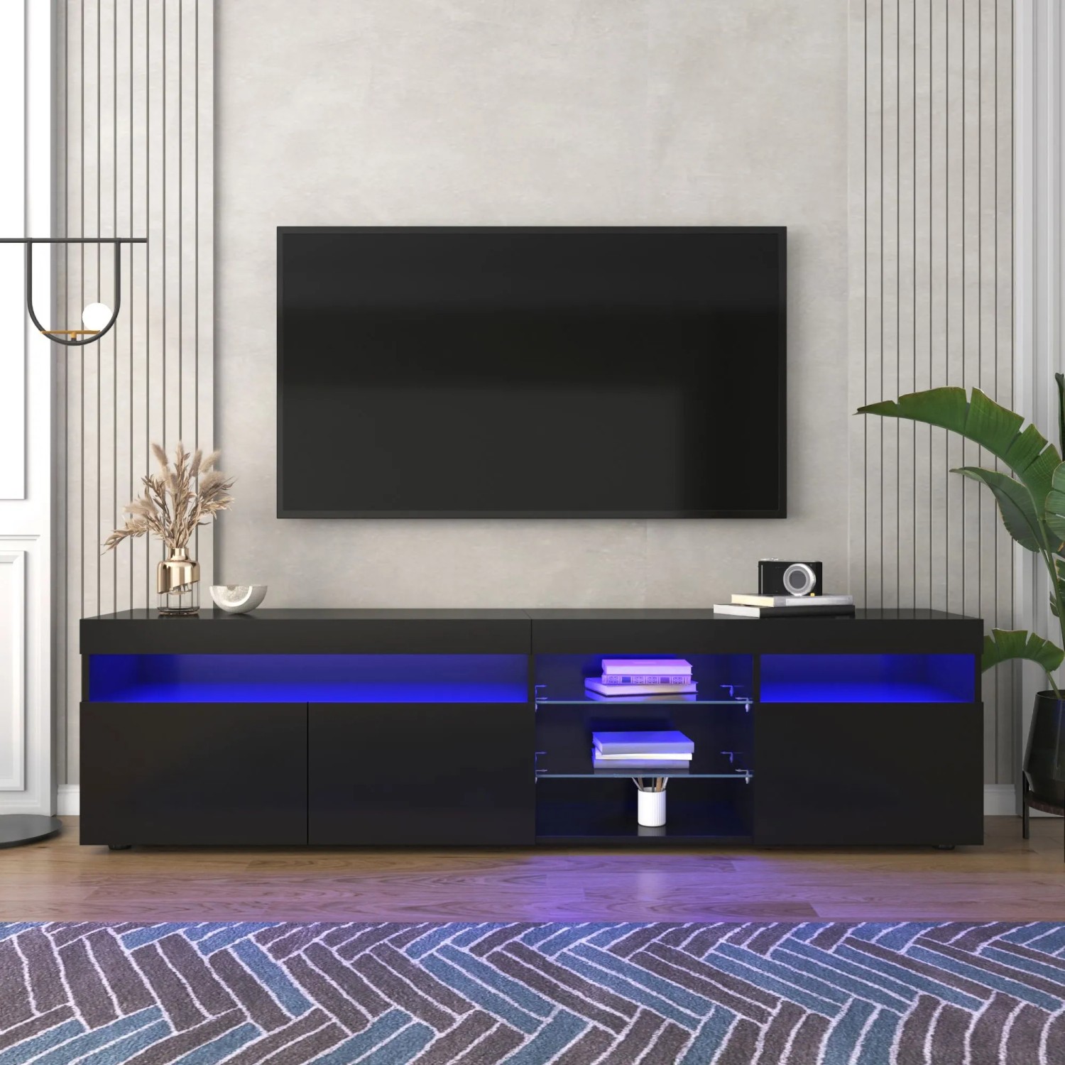okwish TV Schrank mit LED Beleuchtung für Wohnzimmer 180x35x48cm Schwarz_2