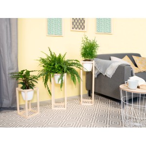 DIY Pflanzständer Set von CREATE! by OBI mit drei Pflanzen in weißen Übertöpfen auf Holzgestellen.