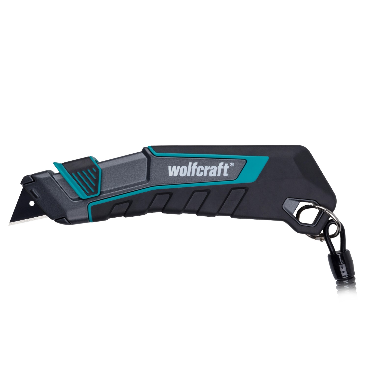 Wolfcraft Sicherheitsmesser Pro Safety mit Trapezklinge und Köcher, schwarz/türkis.