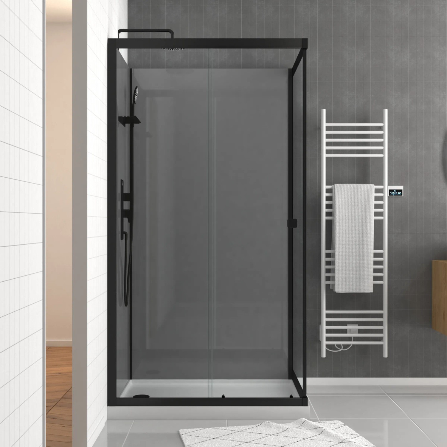 Aurlane Komplettdusche Grey Touch Rectangle, 110x80x215 cm, mit schwarzem Rahmen und grauen Glaswänden.