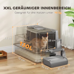 PawHut Katzenklo, grau, Edelstahl-ABS, mit transparenter Abdeckung und Tritt. Eine Katze zeigt die Größe 70x50x43 cm.