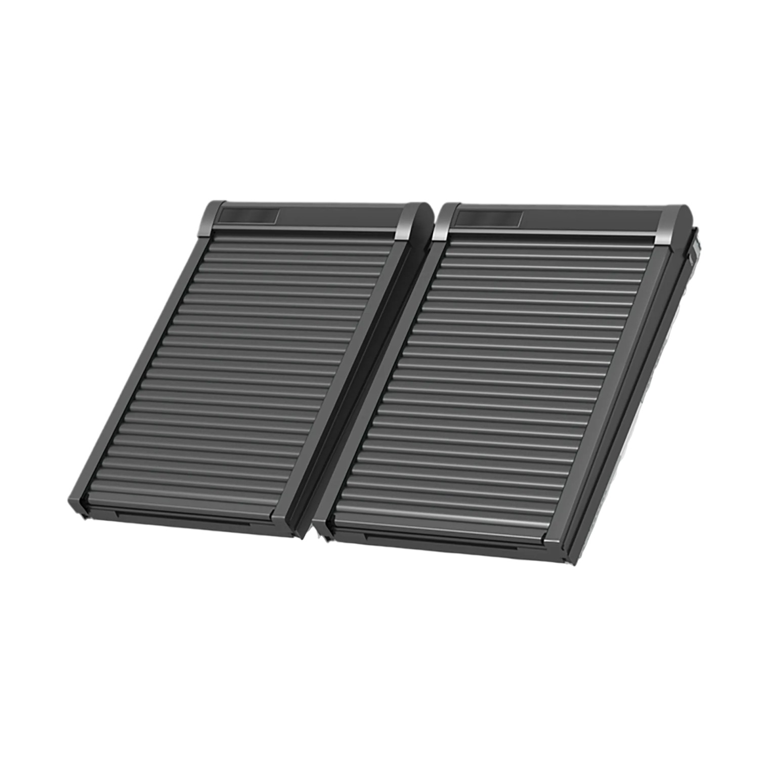 Alufarbener Rolladen Solarantrieb Modular CK02 für Dachfenster, geschlossen.