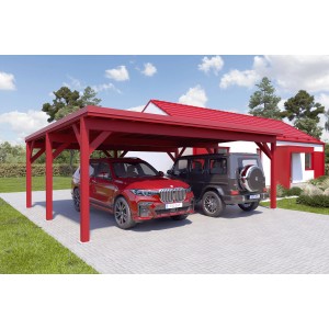 Holzbrüder Doppelcarport Ralf, oxidrot, mit zwei parkenden Autos unter dem Carport.