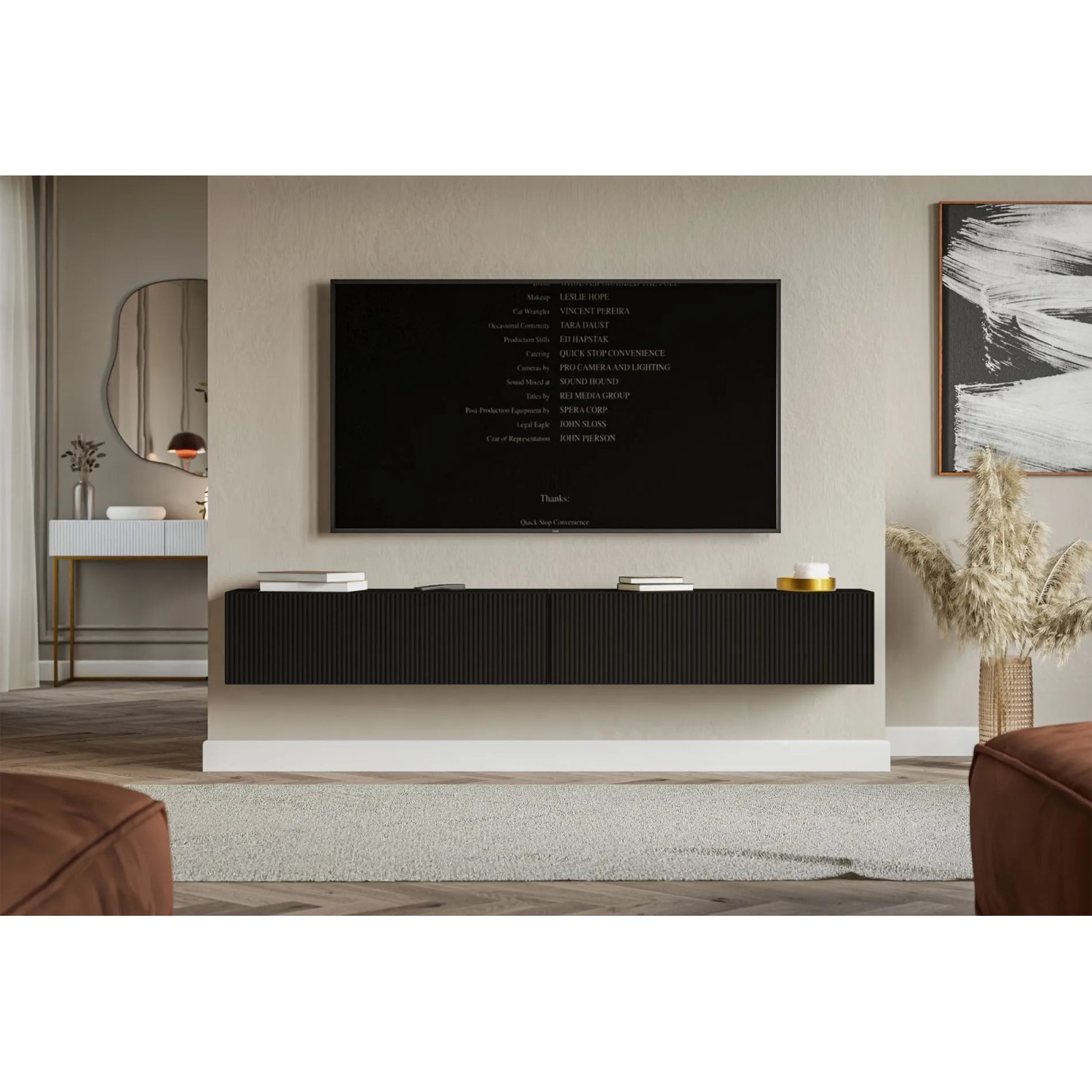 Selsey TV-Hängeboard Veldio, schwarz, 200 cm, mit Lamellenfront, schwebend unter TV im Wohnzimmer.