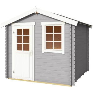Lasiertes Holz-Gartenhaus Wels 2 in Lichtgrau mit Fenster und Tür.
