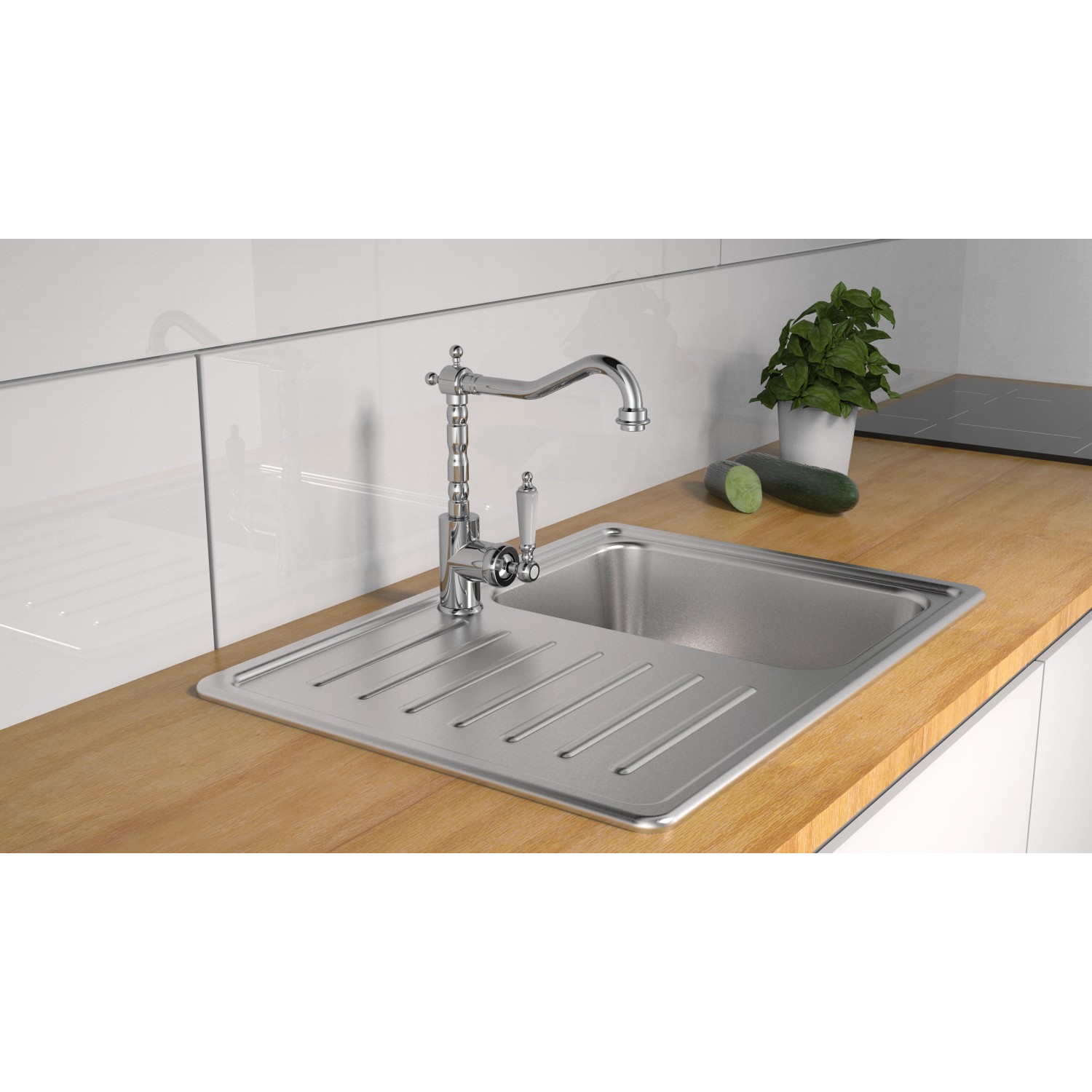 Verchromte Schütte Küchenarmatur Old Style auf Spüle montiert. Einhebelmischer mit nostalgischem Design.