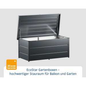 EcoStar Gartenbox Elegant, anthrazitgrau, 166x88x73 cm, geöffnet. Stauraum für Garten, wetterfest.
