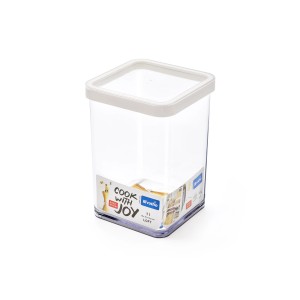 Transparente Rotho Dose Premium Loft 1 l, quadratisch, mit weißem Deckel und Dichtungsring.