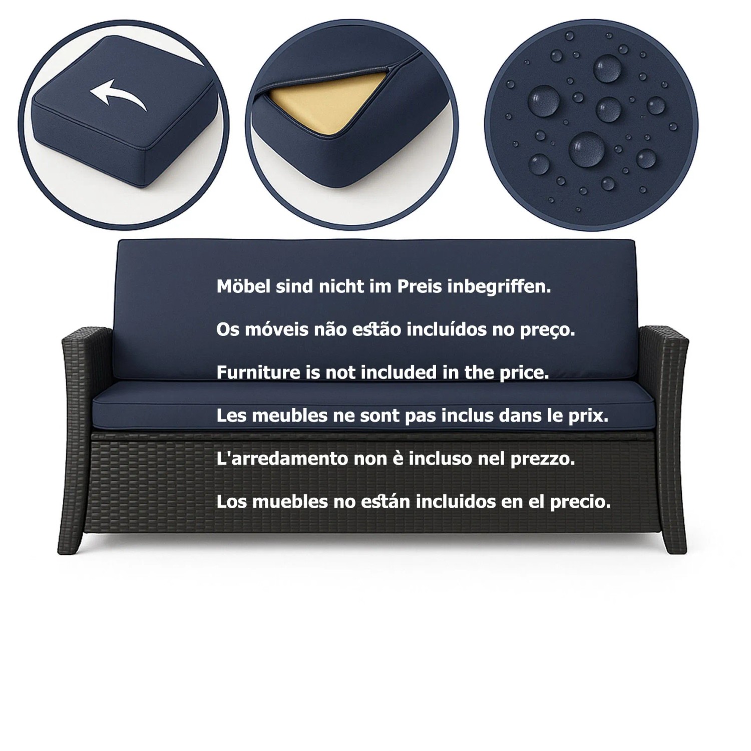Marineblaues Gartenkissen-Set für 2-Sitzer Polyrattan-Gartensofa, wetterfest und pflegeleicht.