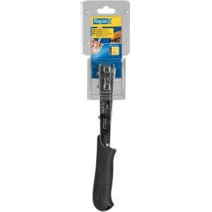 Rapid Hammertacker R19, ein robuster Tacker für Klammern, mit schwarzem Griff in Verpackung.