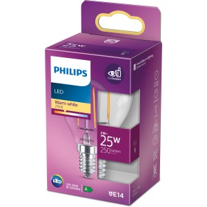 Philips LED-Lampe E14 Tropfenform, 2W, warmweiß, 250 Lumen, 8x4,5cm im Karton.