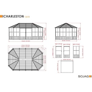 Technische Zeichnung Sojag Pavillon Charleston 384x594 cm mit Maßangaben für Planung.