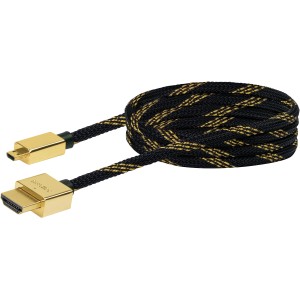 Schwaiger HDMI-Kabel Slimline, High-Speed, Metallstecker, schwarz-goldenes Textilkabel.