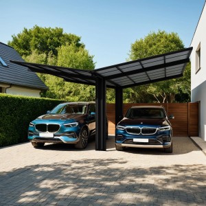 Ximax Alu Doppelcarport Linea Typ 60, schwarz, mit zwei parkenden Autos.