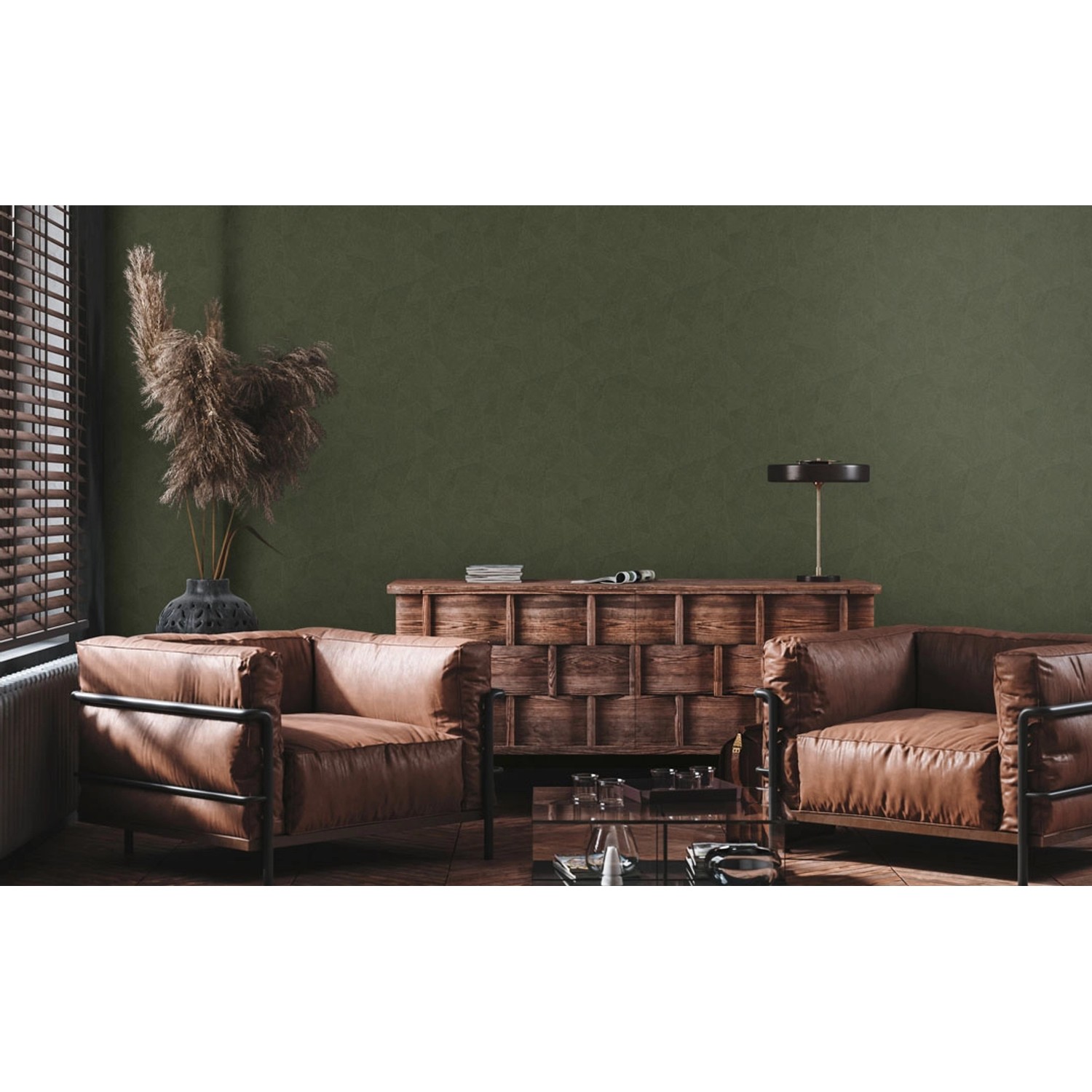 Wohnraum mit grüner AS-Creation Vliestapete, grafisch, matt und leicht strukturiert.