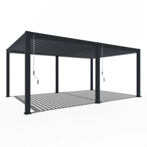 Anthrazitfarbene Aluminium-Pergola 4x6m mit verstellbaren Lamellen und Handkurbeln als Terrassenüberdachung.