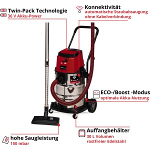 Einhell Akku-Nass-Trockensauger TP-VC 36/30 S Auto-Solo: Werkstattsauger mit Edelstahlbehälter und Zubehör.