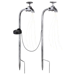 2er Set Globo Solarleuchten in Wasserhahn-Optik, silbernes Metall, warmweiße LEDs für den Garten.
