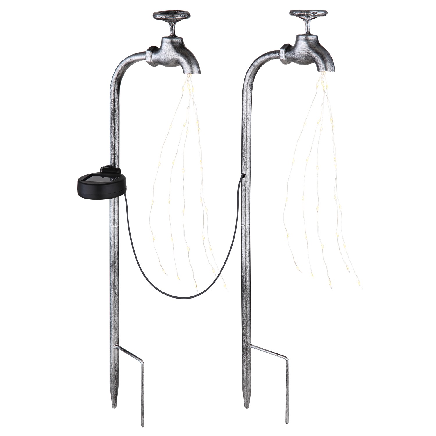 2er Set Globo Solarleuchten in Wasserhahn-Optik, silbernes Metall, warmweiße LEDs für den Garten.
