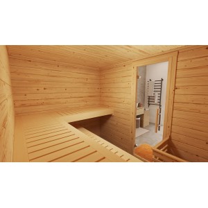 Innenansicht der Weka Massivholzsauna Bergen 3 Sparset mit Liegen und Glastür.