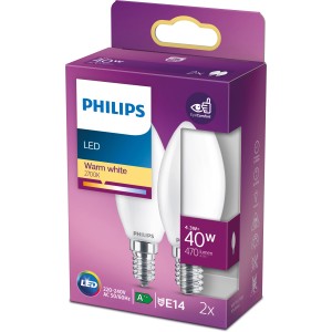 2er-Pack Philips E14 LED-Kerzenlampen, 4,3W, warmweiß, in Produktverpackung.