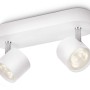 Weißer Philips LED-Spot Star mit 2 schwenkbaren Spots, 8W, für Deckenmontage.