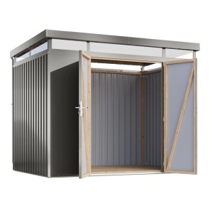 Karibu Metallgerätehaus Argos 3, Graualuminium, mit geöffneten Doppeltüren.