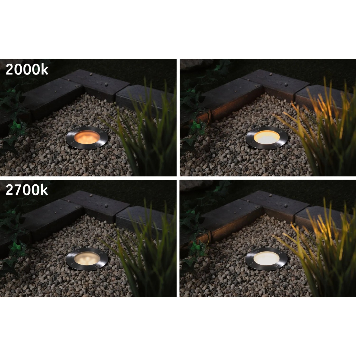 Paulmann LED-Bodeneinbaustrahler Plug & Shine, verschiedene Lichtfarben (2000K & 2700K) im Garten.