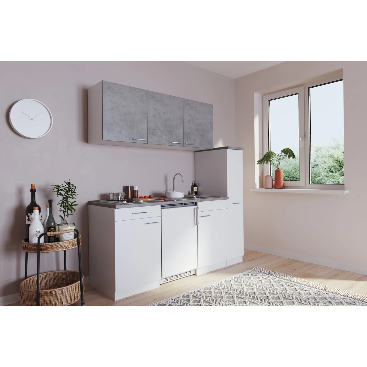 Respekta Singleküche KB180WWBG, 180 cm, Weiß und Beton Optik mit Spüle und Kühlschrank.