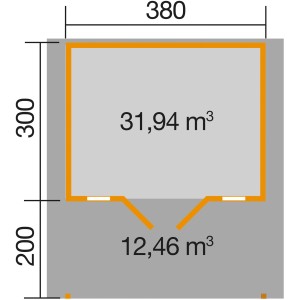 Grundriss Weka Weekendhaus 137 A, 380x500cm, inkl. Vordach. Ideal für Garten oder Freizeit.