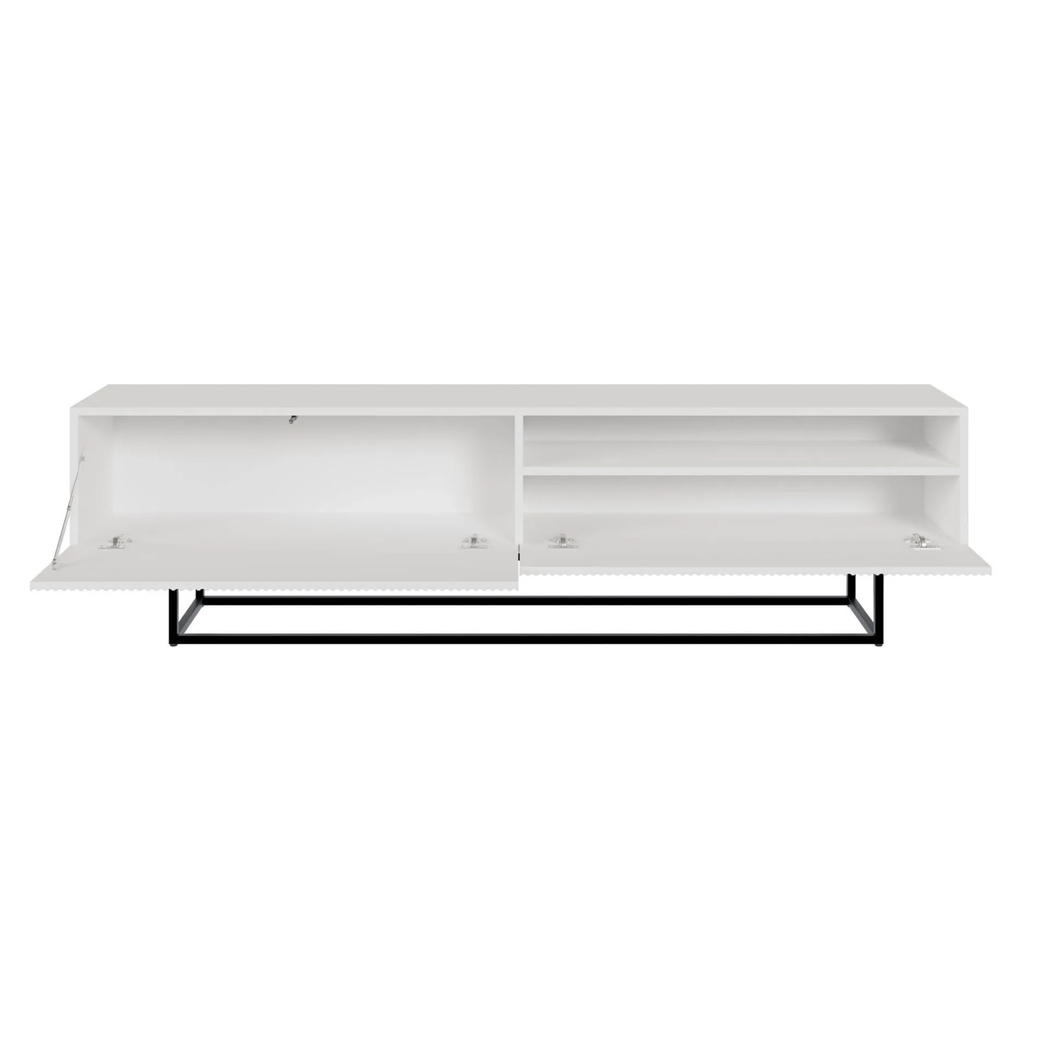 Modernes weißes TV-Lowboard mit Lamellenfront, offenem Fach und schwarzem Metallgestell. Türen sind geöffnet.