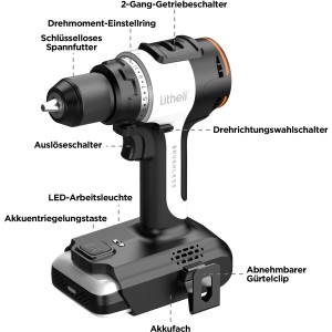 Litheli U20 Akku-Bohrer mit Akku, 20 V, ideal zum Schrauben und Bohren in Holz und Metall.