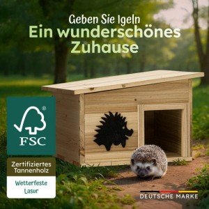 Winterfestes Igelhaus aus Holz mit Igel-Motiv und echtem Igel davor, für den Garten.