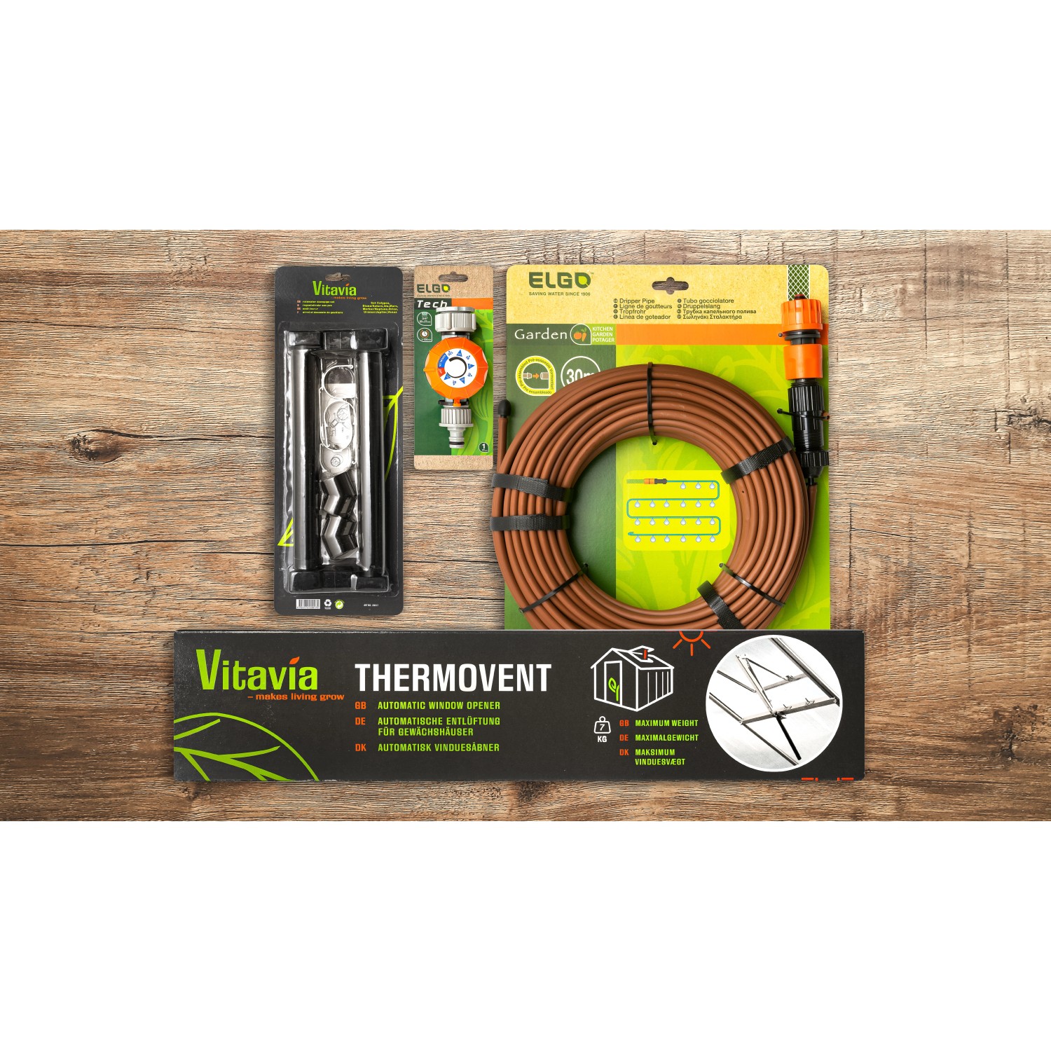 Vitavia Jupiter Gewächshaus Zubehör-Set: Thermovent, Bewässerungsuhr, Tropfschlauch, Fensterheber.