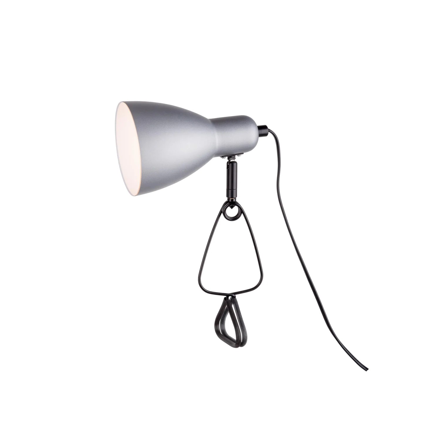 Silberne Näve Klemmleuchte Mara, 28 cm hoch, mit schwarzer Klemme und Kabel.