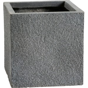 Quadratischer, anthrazitfarbener Pflanztopf (29,5x29,5x31 cm) mit rauer Oberfläche.
