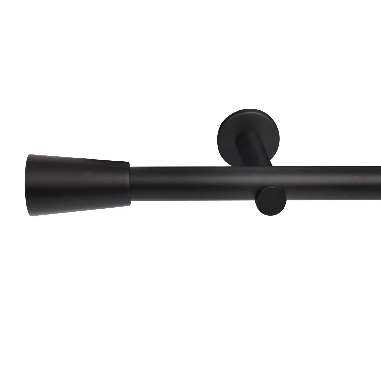 Schwarze Gardinenstange Deco-Raum mit konischem Kegel-Endstück und Wandhalterung, 25mm Durchmesser, für Dekoartikel.
