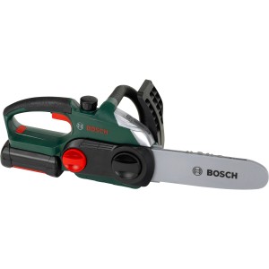 Bosch Kettensäge Spielzeug: Grüne Spielzeugsäge mit grauer Klinge und schwarzem Griff für Kinder.