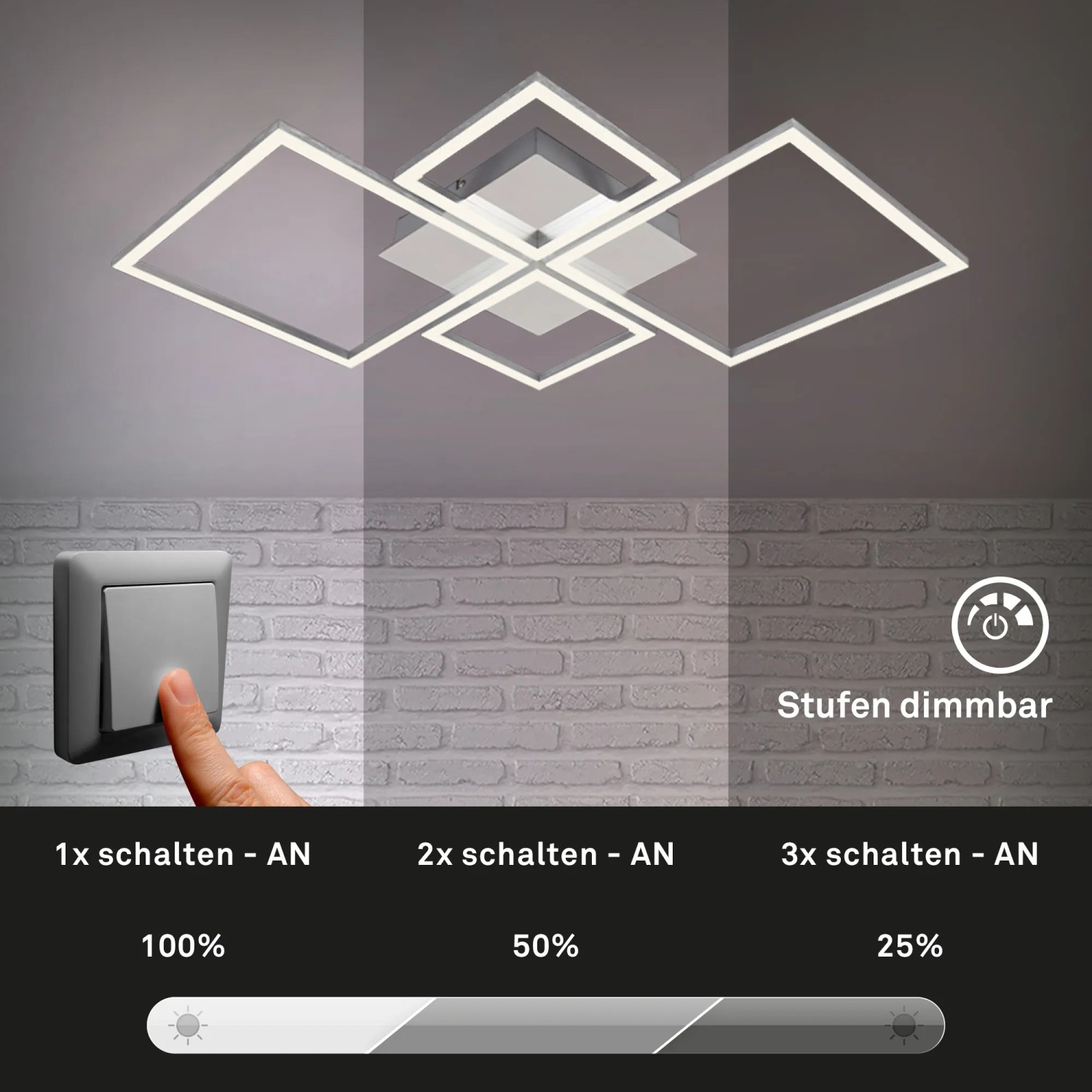 Dimmbare Brilo LED-Deckenleuchte Frame in Silber, 75x47cm, mit verschiedenen Helligkeitsstufen.