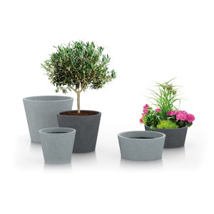 Scheurich Pflanzschalen C-Cone in Stony Grey, verschiedene Größen und Bepflanzungen.