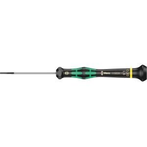 Wera Elektroniker-Schlitzschraubendreher, 1,8 mm Klinge, mit grün-schwarzem Griff.