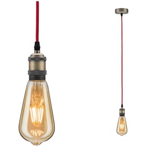 Paulmann Pendelleuchte Neordic Eldar, rot-brüniert, mit rotem Textilkabel und Vintage-Glühbirne.