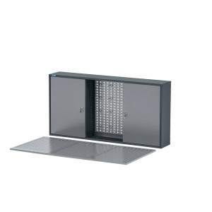 Küpper Werkbank-Set: Hängeschrank mit Lochwand und Werkbankplatte, hellgrau/anthrazitgrau.