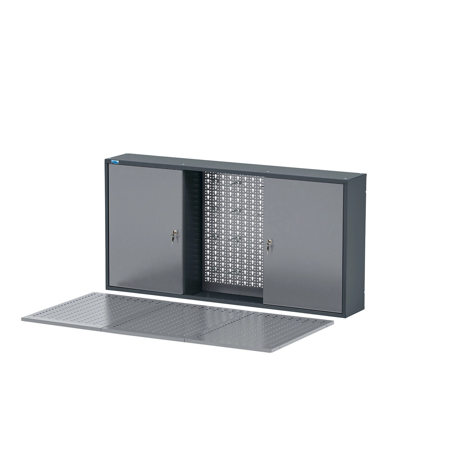 Küpper Werkbank-Set: Hängeschrank mit Lochwand und Werkbankplatte, hellgrau/anthrazitgrau.