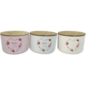 Boltze Vorratsdosen Lovelyn, 3-fach sortiert, mit Blumenmuster und Bambusdeckel.