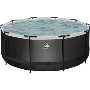 Runder Exit Black Leather Pool, ø 360 cm, mit Stahlrahmen, schwarzem Lederprint und Sandfilterpumpe.