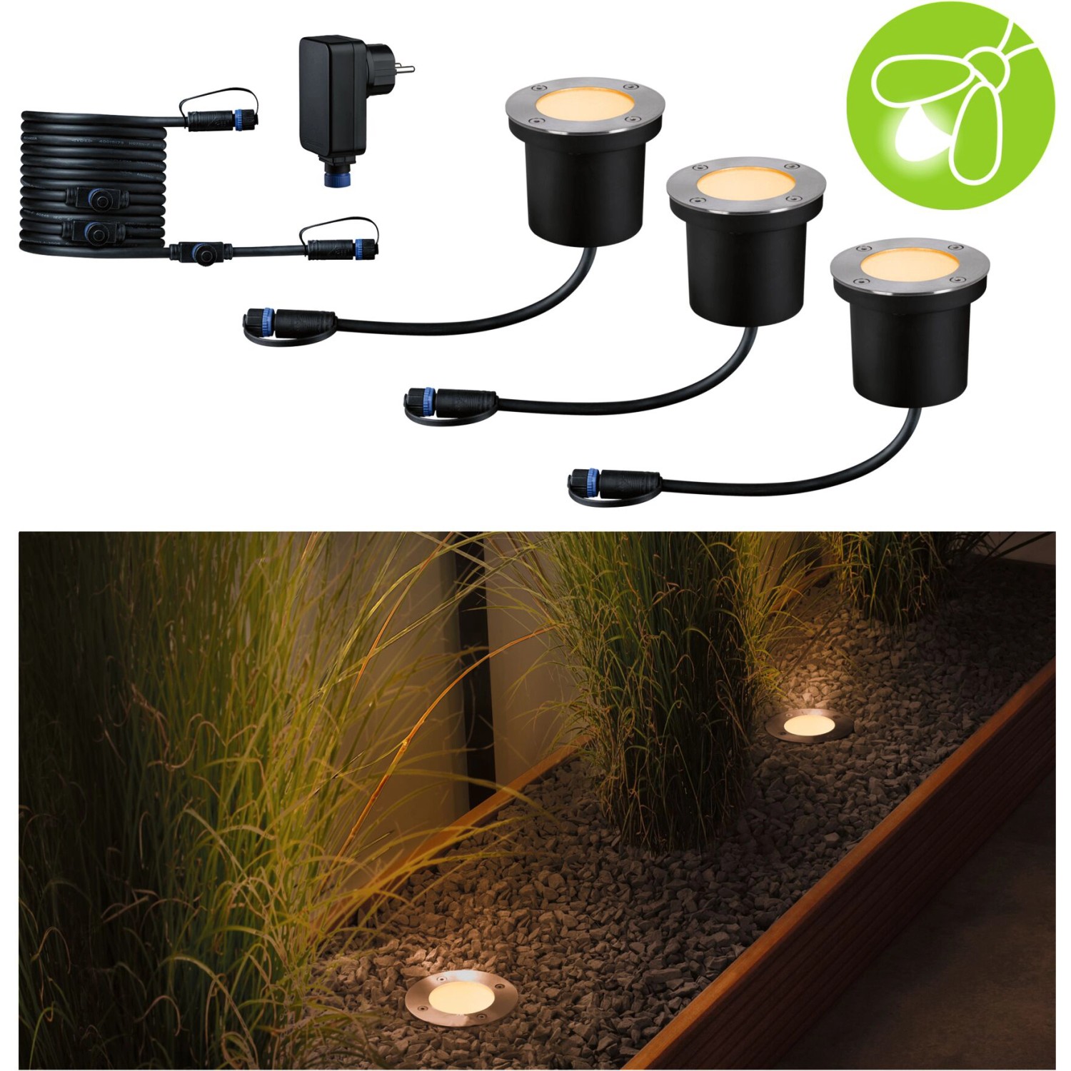 Paulmann LED-Bodeneinbaustrahler Floor Plug & Shine 3er Set für den Außenbereich, warmweißes Licht.